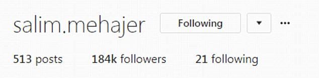 Mehajer's profile appears to be popular (pictured) with more than 184,000 Instagram followers