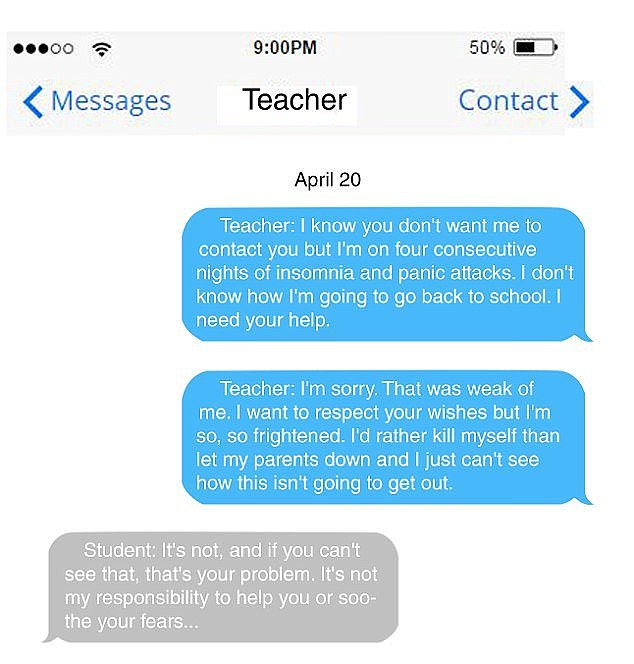 The teacher sought help via text from the student she had sex with
