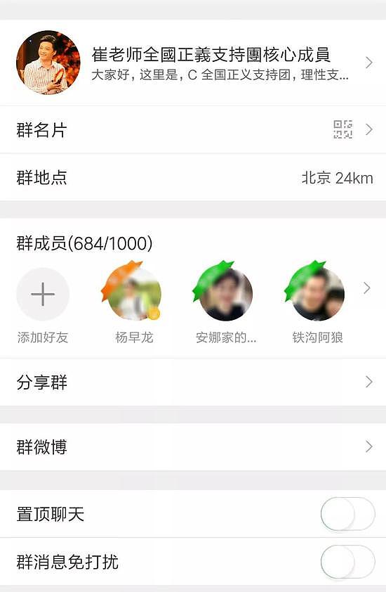 经过几轮无头像和非实名的清洗，“崔永元全国正义微博支持讨论组”现有成员684人