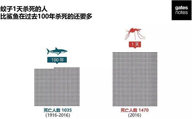 2016年，蚊子平均每天造成1470位人死亡 / 数据来源世界卫生组织（WHO）、全球鲨鱼袭击卷宗（GSAF）