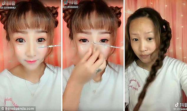  The talented bloggers are seen shedding fake lashes, contact lenses and even prosthetic noses in the clips - and they look completely different when they're finished