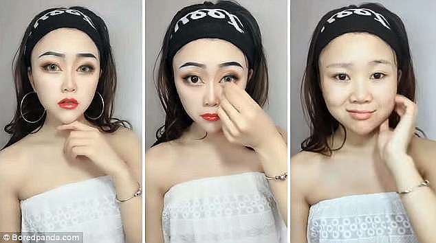 Some are seen taping their cheeks for a slimmer face, while others cover their noses with fake ones for more defined features, often completing their look with coloured contact lenses