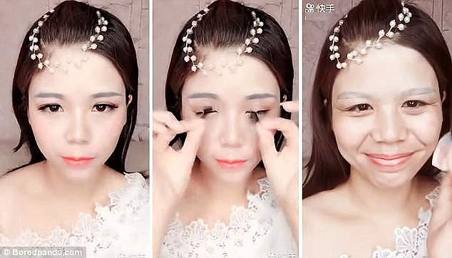 After shedding a pair of false lashes and heavily made-up nose one woman looked totally transformed