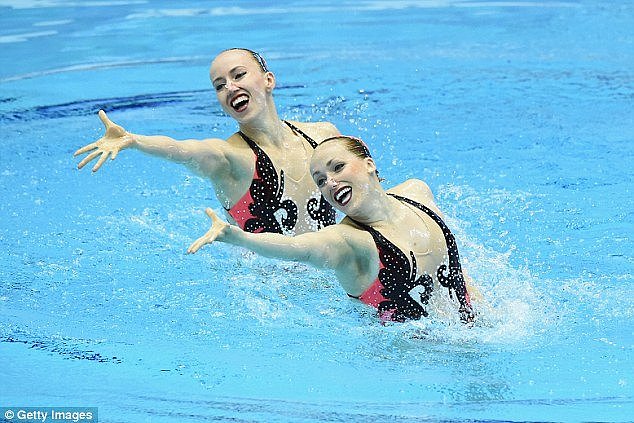 The whales seemed to copy this routine by German synchronised swimmers Marlene Bojer and Daniela Reinhardt, pictured, at a major championships in Japan early this year