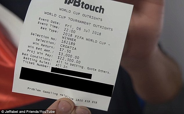 Jeff is now considering flying to Russia for the final - but thinks he's more likely to throw a party at home in Perth. Pictured: His betting slip