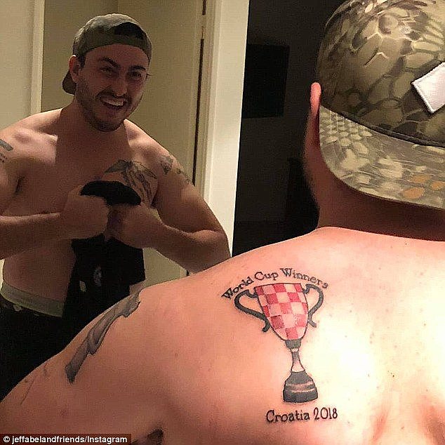 This self-described 'international madman' is one step closer to winning his unlikely World Cup bet after Croatia beat England in the semi finals. Pictured: Jeff's tattoo