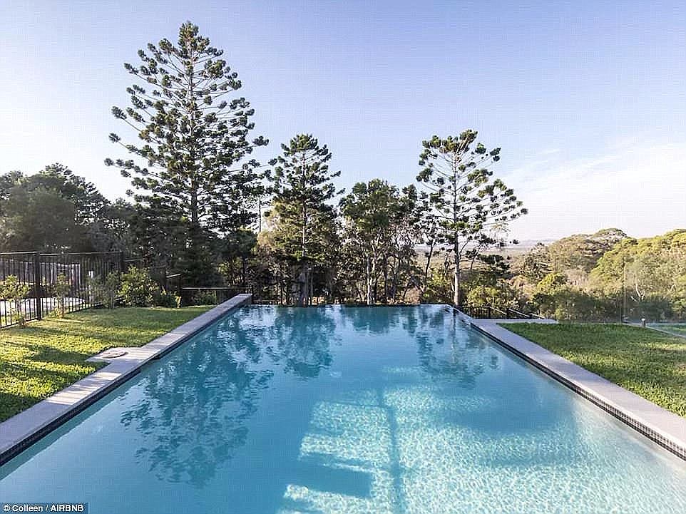 Making a splash: And after spending an idyllic summer at the coastal town, the Hollywood couple are bidding farewell to their sprawling pad, which features an infinity pool (pictured), five bedrooms and 155 acres of private bushland