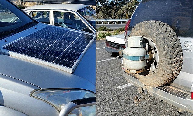 A  solar panel was attached to the front (left) of the Toyota 4WD and a gas canister was attached to the rear (right)