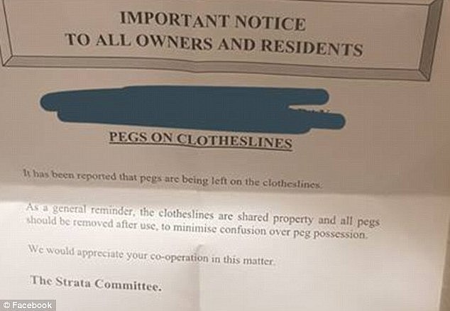 The 'important notice' was shared on Facebook and captioned, 'Peg possession is a serious issue in the eastern suburbs of Sydney.'