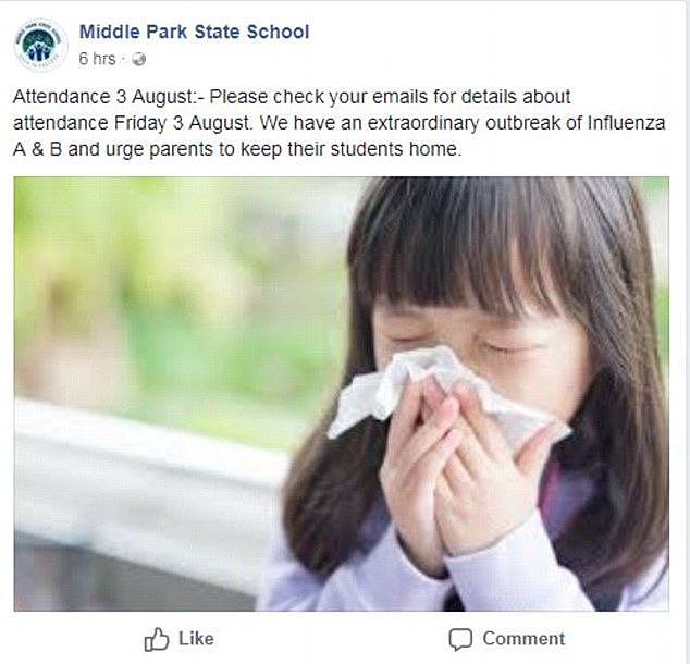Almost one-third of the school's student population have been struck down with the virus with the school forced to take drastic measures. Pictured is the school's Facebook post to parents