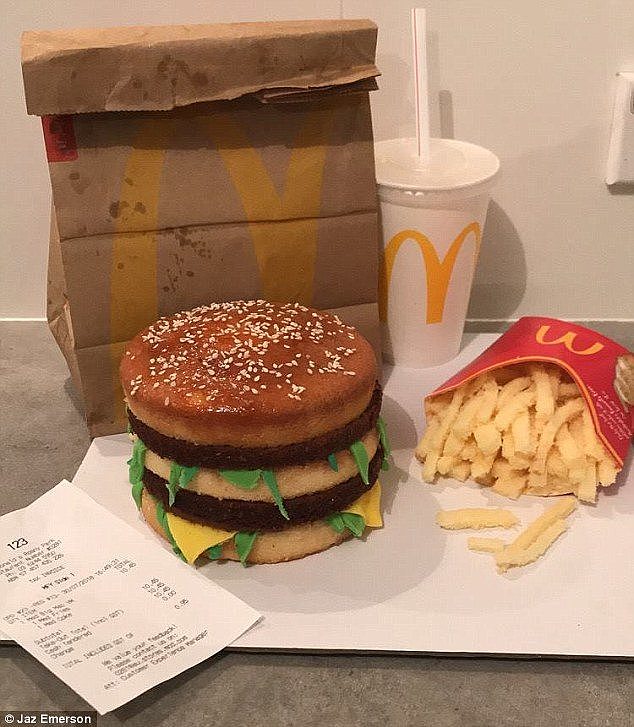 This McDonald's Big Mac burger and French fries 'cake' creation (pictured) was made by Jaz Emerson