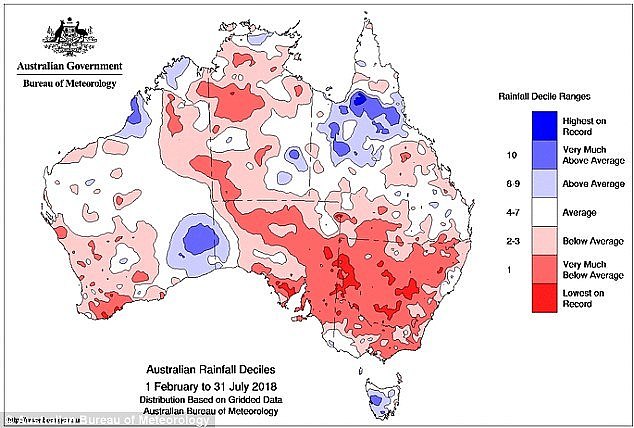 The map shows which areas experienced their lowest rainfall on record compared to the highest on record 