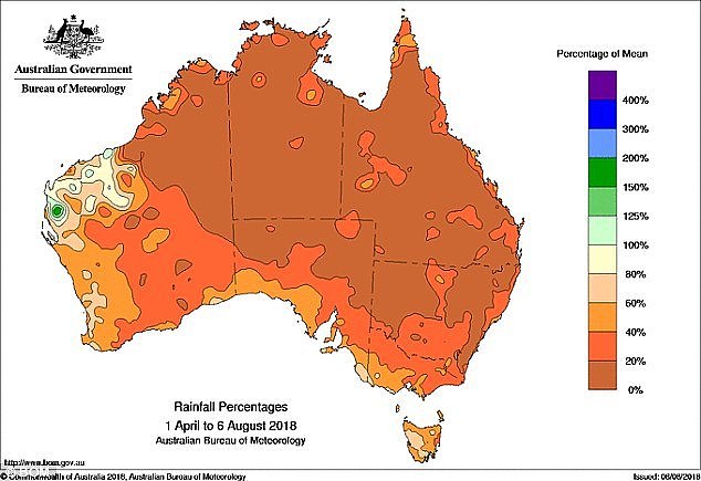 The latest map from the BoM shows dramatically low levels of rainfall from April to August 2018