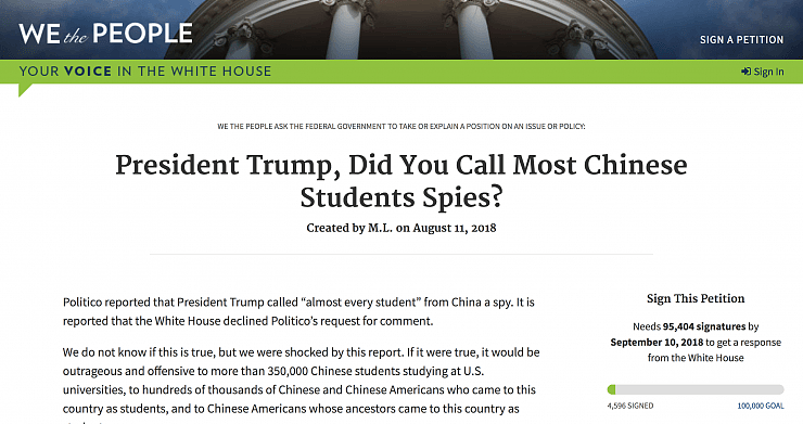 发起白宫请愿！无端攻击中国留学生？特朗普请出来澄清“中国留学生间谍论”（组图） - 1