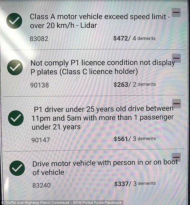 Police issued the young man with a series of fines, totaling to 12 lost demerit points andÂ  $1633 in fines