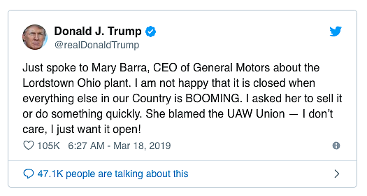 特朗普抨击GM解雇美国汽车工人 建议关掉中国工厂（图） - 2