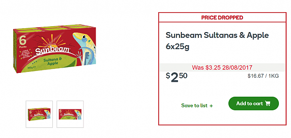 Sunbeam Sultanas   Apple 6x25g   Woolworths.png,0