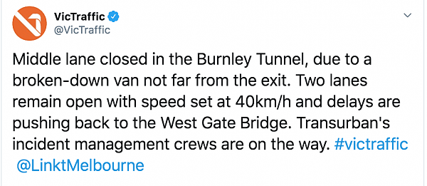 【快讯】有车抛锚，Burnley Tunnel车道关闭！ - 1