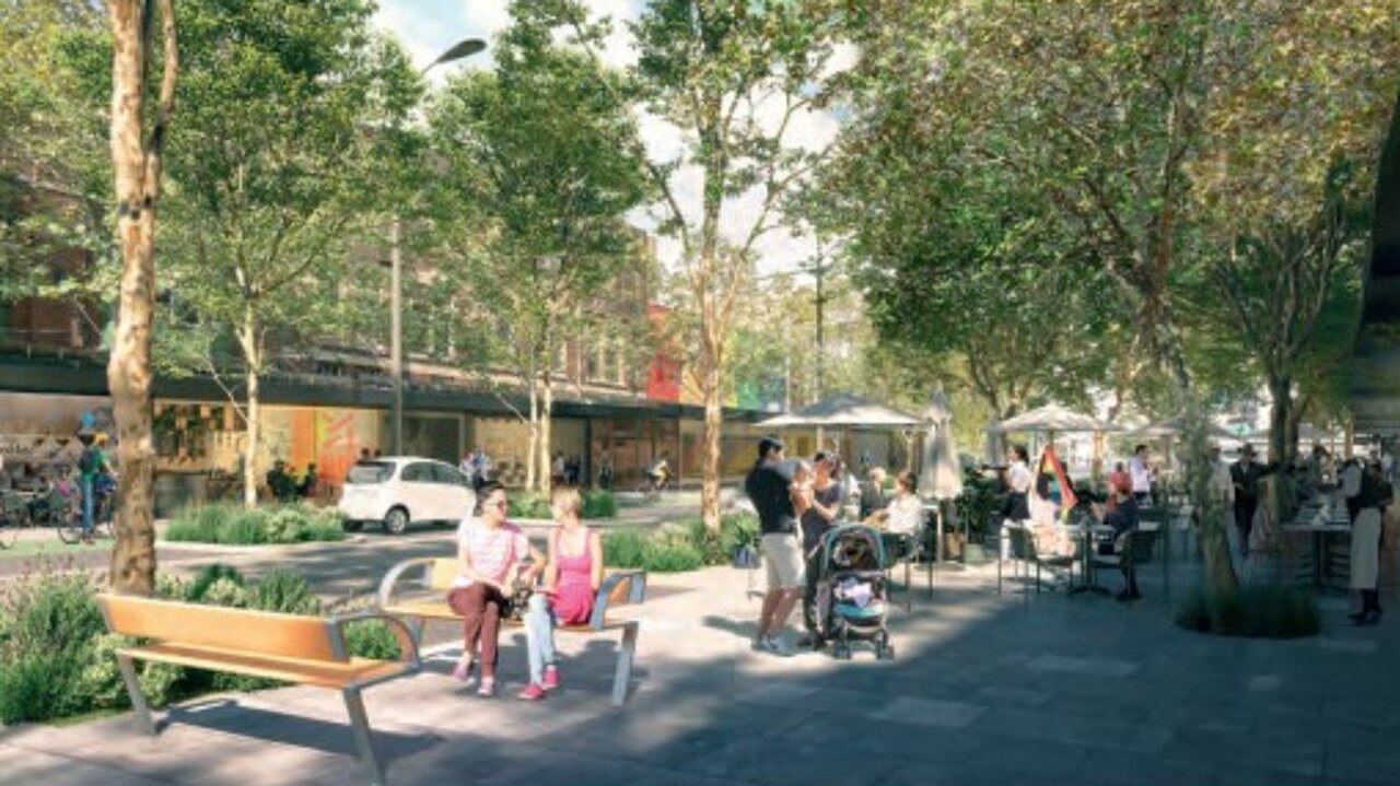 The牛津街概念图，该街道将成为一条“绿色大道”，减少交通空间。图片：悉尼市政府。 /></p><p style=