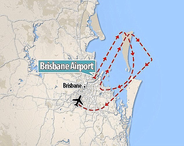 The flight which was carrying 226 passengers turned back to Brisbane after dumping a load of fuel over Moreton Bay, and made a difficult landing at the airport (pictured route)
