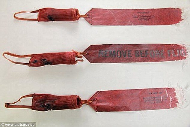 Pictured are the pitot tube covers that were removed from the aircraft following the flight