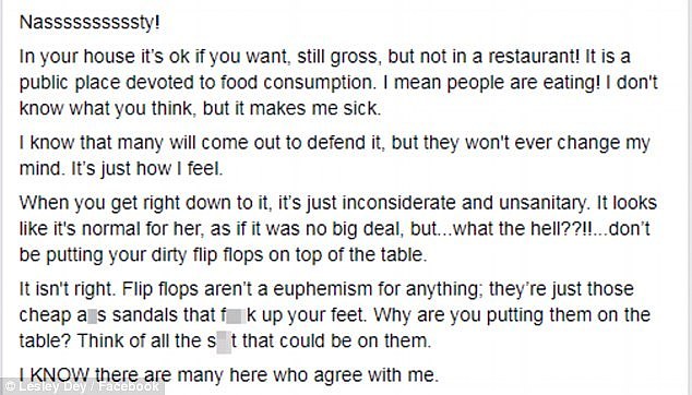 She begins her rant saying that what she's witnessing is 'gross': 'It is a public place devoted to food consumption'
