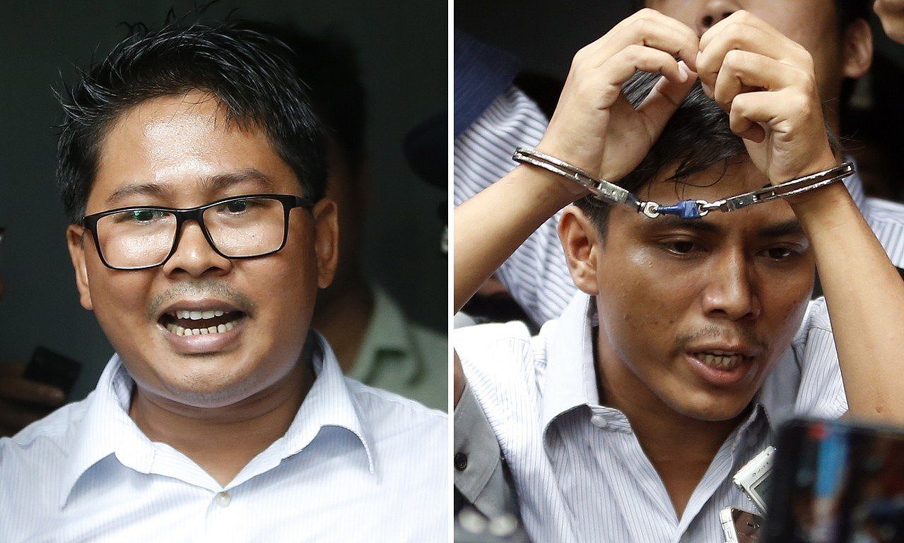 缅甸今宣判路透社记者瓦隆（Wa Lone，图左）和乔索欧（Kyaw Soe Oo，图右）违反国家机密法罪名，两人被判处7年徒刑。 欧新社
