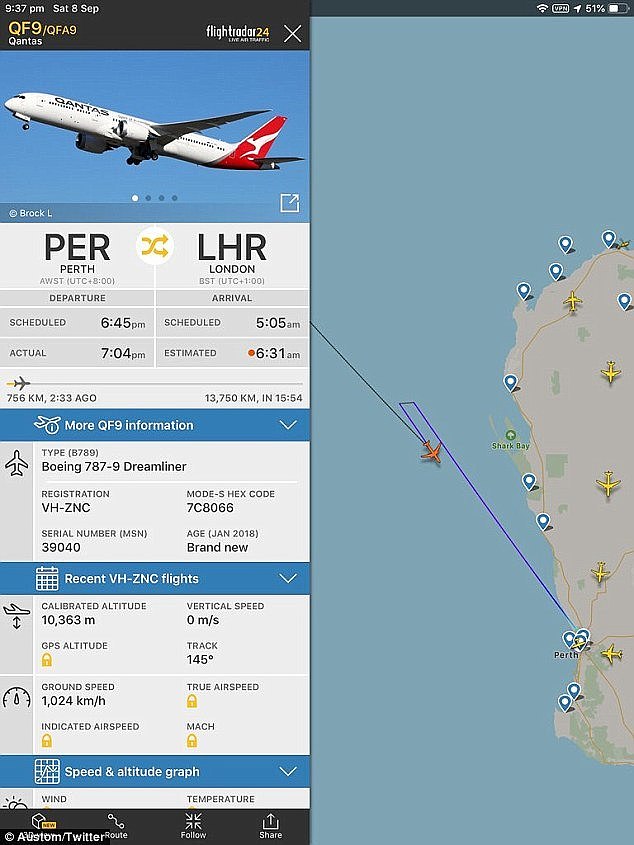 The Flightradar24 app showed the plane returning to Perth west of Shark Bay at 9.37pm, having diverted its course