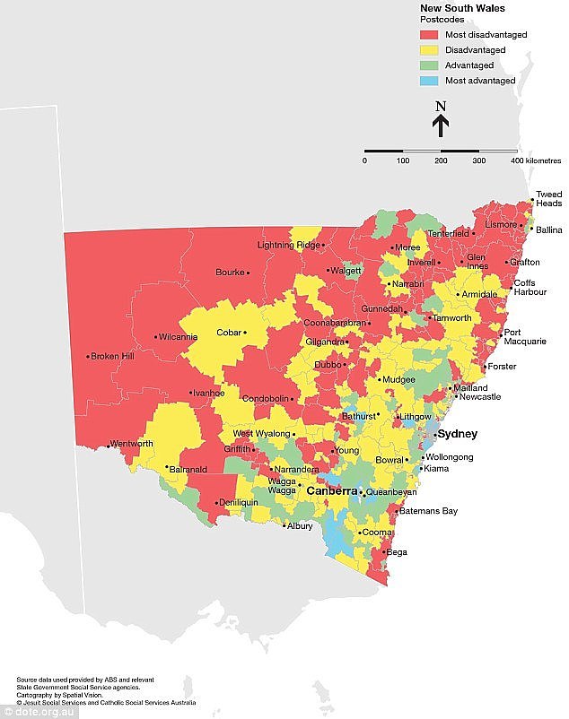 In New South Wales, the areas in the north and west of the state were generally more disadvantaged, while areas along the coast and towards the southern border fared better
