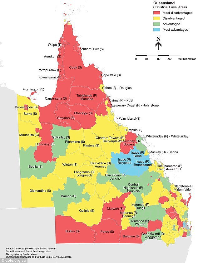 In Queensland as a whole, the most disadvantaged areas are in the Far North of the state and in the south-east cornerÂ 
