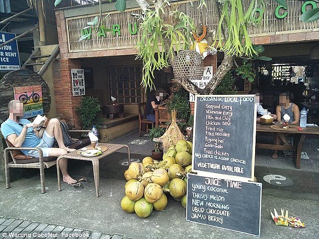 Sode was thrown into a Balinese prison after he allegedly assaulted business owner Made Wena when Mr Wena complained Sode's dogs were urinating on coconuts used for drinks at his Warung Coconut cafe (pictured) in July