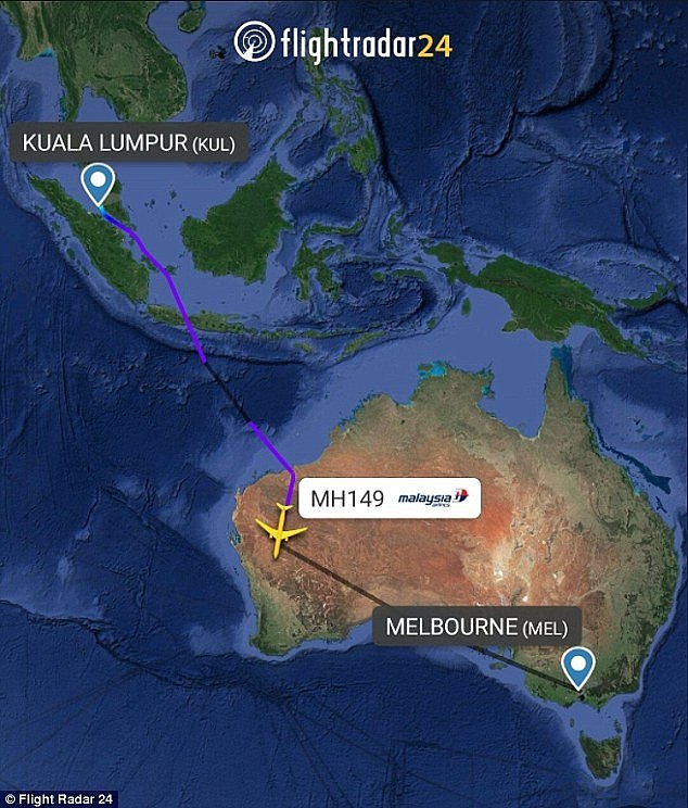 The MH149 flight was 5.5 hours through the 7 hour flight when it was diverted due to a medical diversion about 4am on Monday (pictured route)