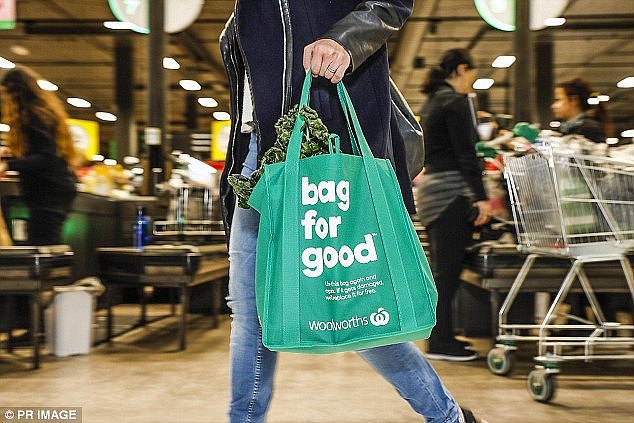 David Jones appears to be preparing for increased demand in reusable totes, with Christmas approaching and Coles and Woolworth having banned single-use bags (stock image of Woolies reusable bag)