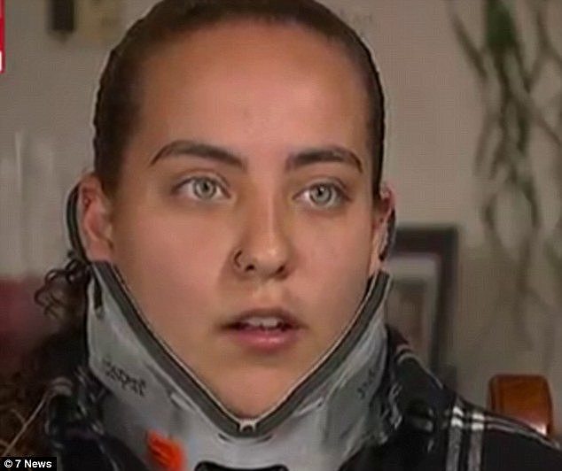 Maddy (pictured) had to be rushed to hospital for the extent of her injuries which left her in a neck brace