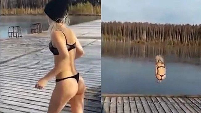 痛！俄美女穿内衣跳湖 一声巨响 冰层没破…（视频/组图） - 1