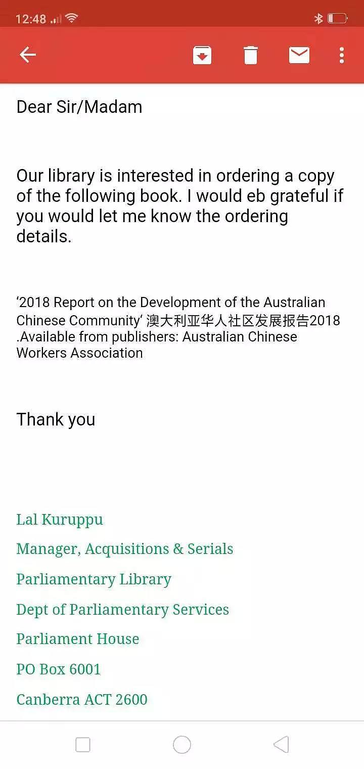 书讯：澳大利亚国会图书馆来函要求收藏《澳大利亚华人社区发展报告2018》 - 2