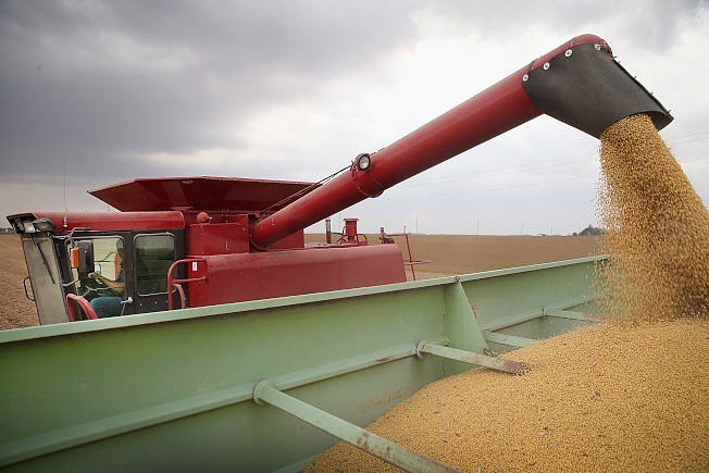 中国宣布将从美国进口30万吨大豆，图为明尼苏达州农人采用机械收割大豆。 (Getty Images)