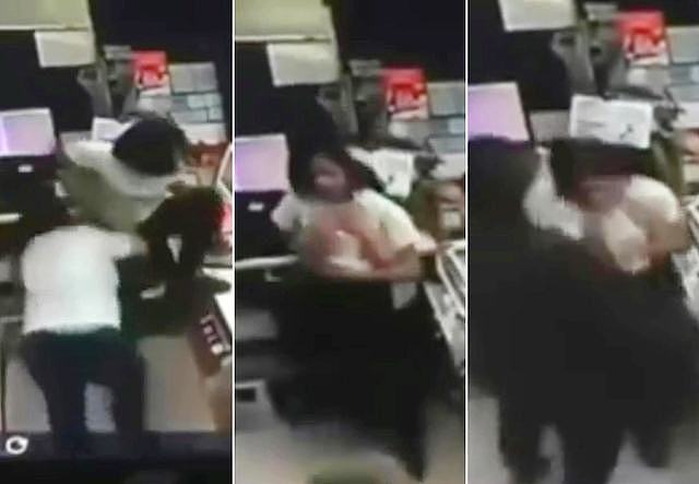 女店员想逃跑却沦为同事的人肉盾牌。 翻摄自YouTube
