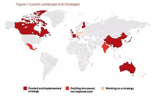 截至2018年12月，全球提出AI计划的国家。（图片来源：CIFAR）