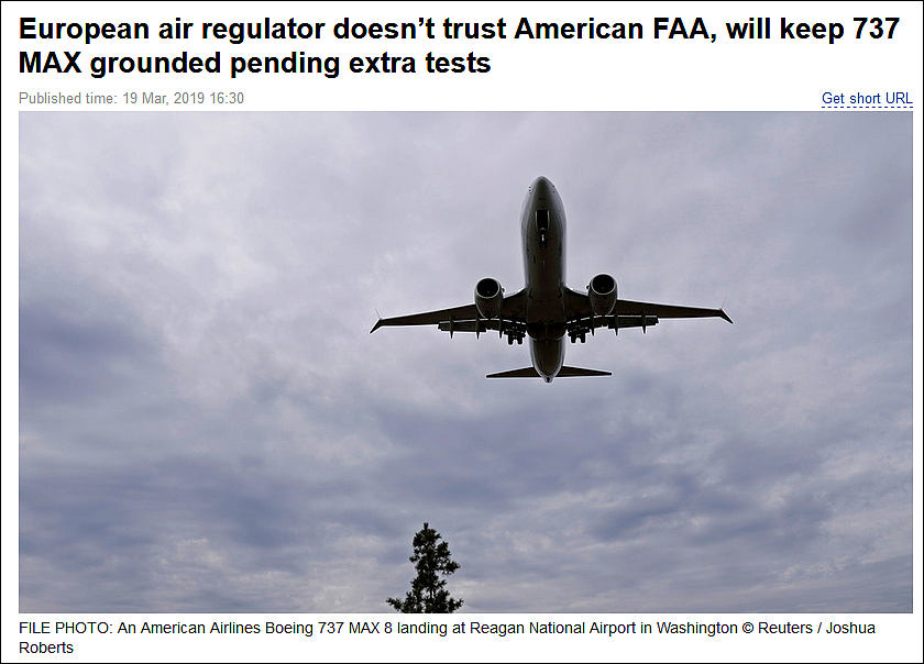 欧盟也不信美FAA了：重查波音737MAX安全认证（图） - 1