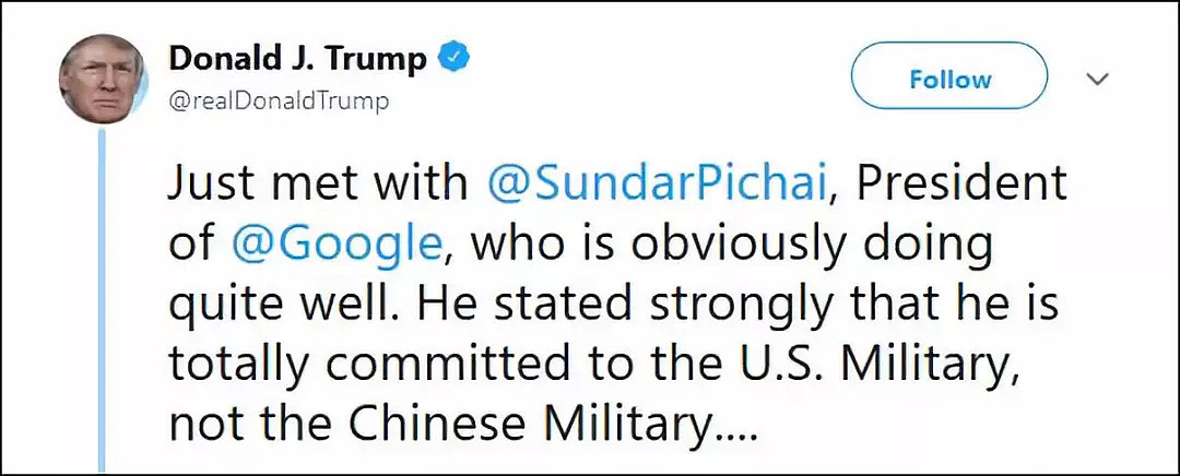 哈？特朗普：谷歌总裁向我保证忠于美军，而非中国（组图） - 1