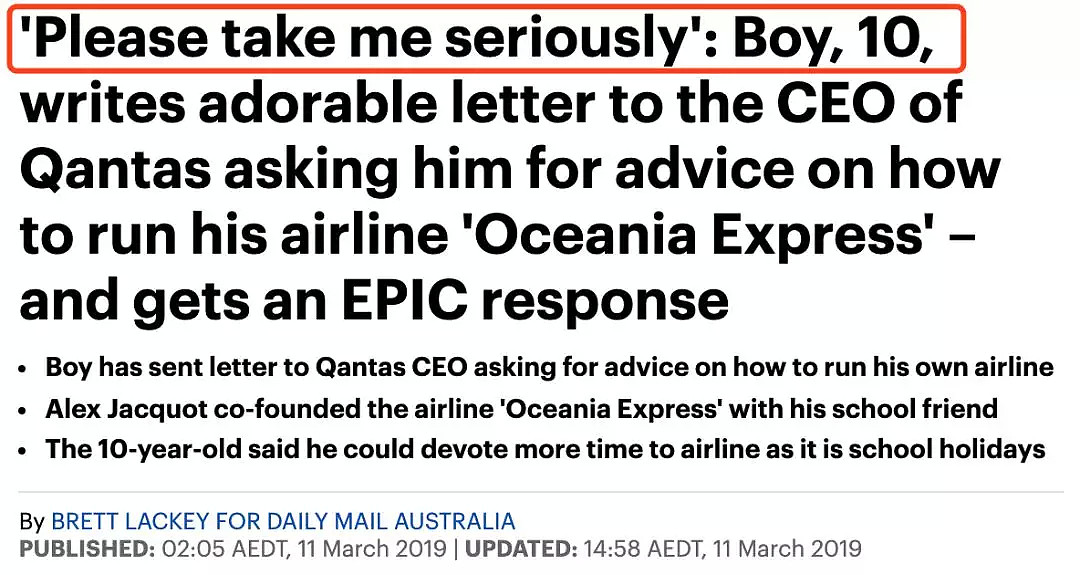 10岁小男孩给澳航写信，得到CEO亲自回复和接见！网友路转粉（组图） - 2