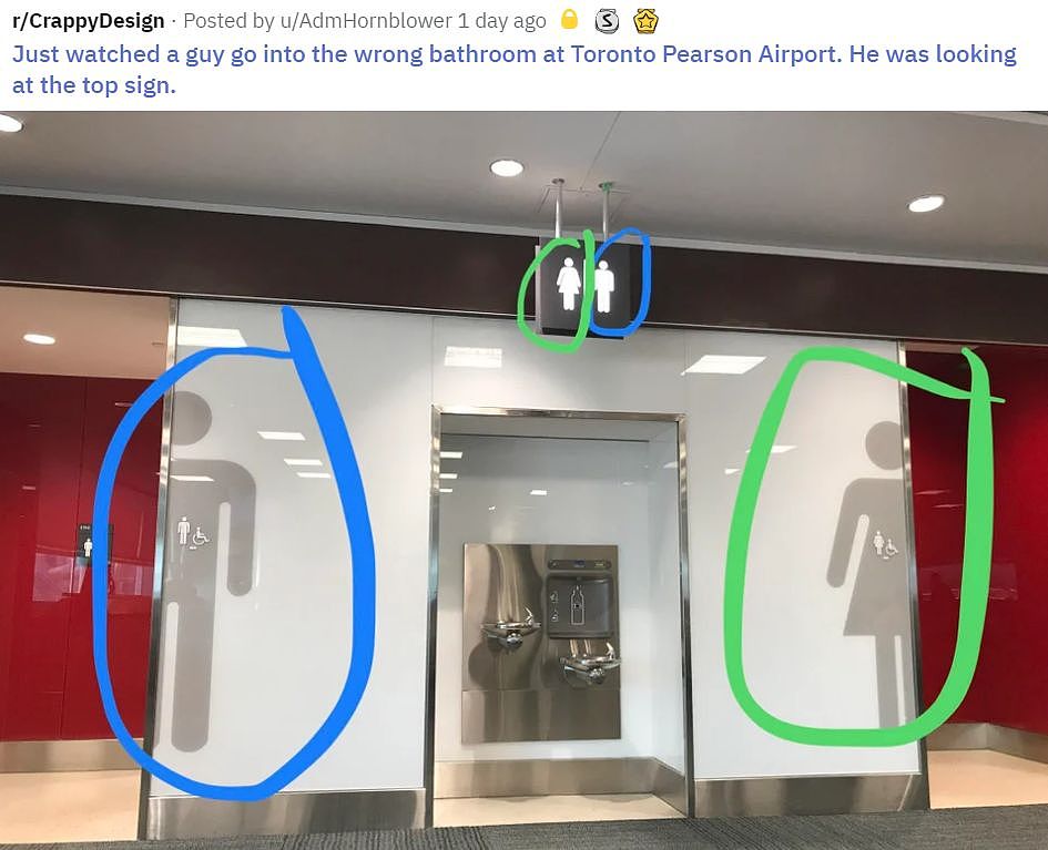 皮尔逊机场洗手间标牌搞乌龙，男子误入了女厕所（组图） - 1