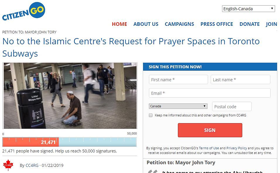 多伦多地铁站要建穆斯林祈祷室 2万人签名抗议（组图） - 2