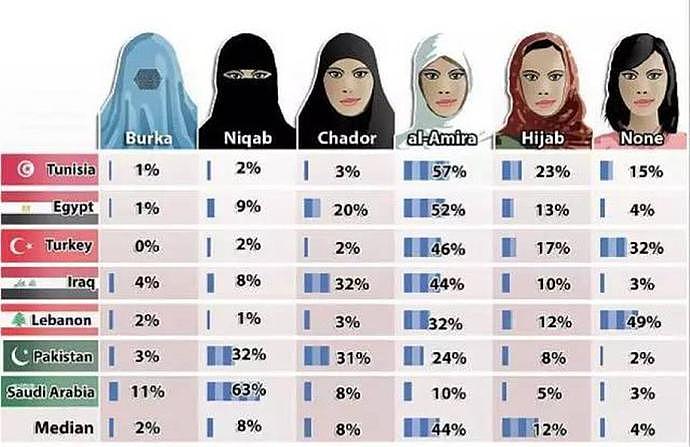 穆斯林女性的穿着等级与各国女性穿着比例参考