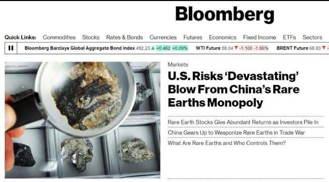 彭博社头条标题为「 中国稀土垄断，美国面对『摧毁性』打击风险」。 （取材自环球网）