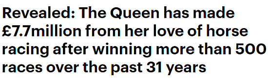 Via dailymail.co.uk；过去31年里，英国女王的爱马们在500多场比赛中为女王赢得了770万英镑的回报