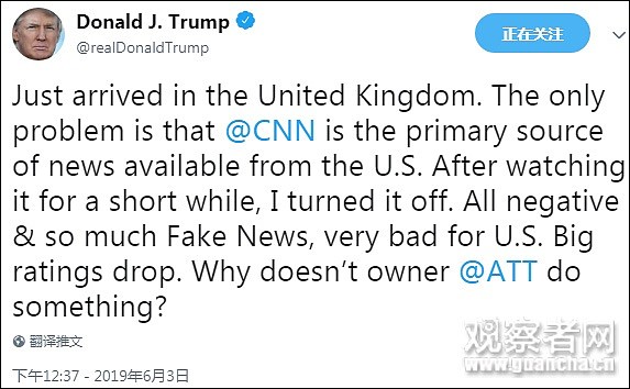 特朗普访英“被迫”看CNN：看了一会就关了，难过（组图） - 2