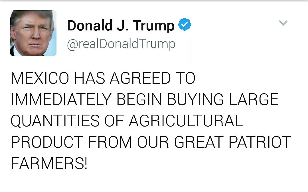 特朗普：墨西哥同意购买美国农产品，墨西哥：我没说（图） - 1