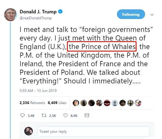 总统的英语是谁教的？特朗普又出糗：我刚见了英国“鲸鱼王子”